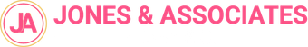 The logo for ja jones & associates is pink and white