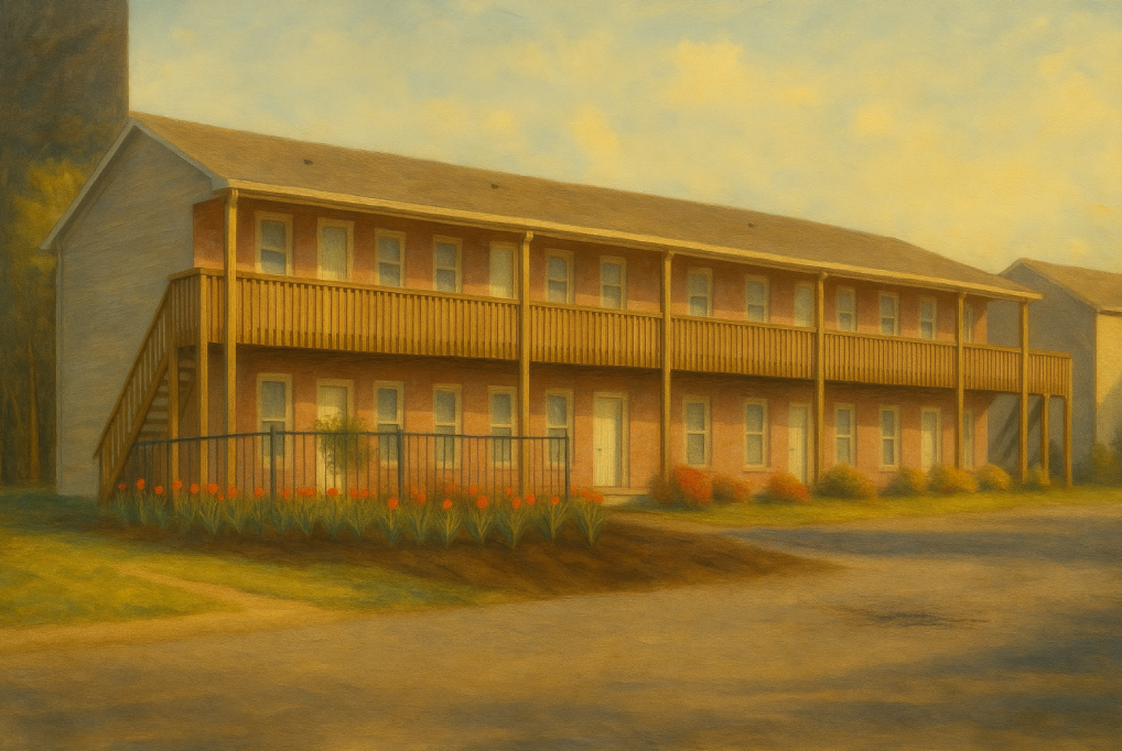 Two-story brick apartment building with wooden balconies and stairs under a sunny sky.