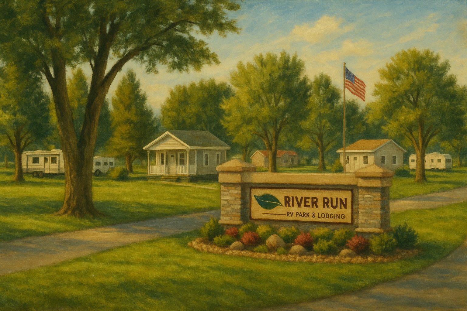 Entrance sign for River Run RV Park & Cottages, with a green lawn and several cottages.