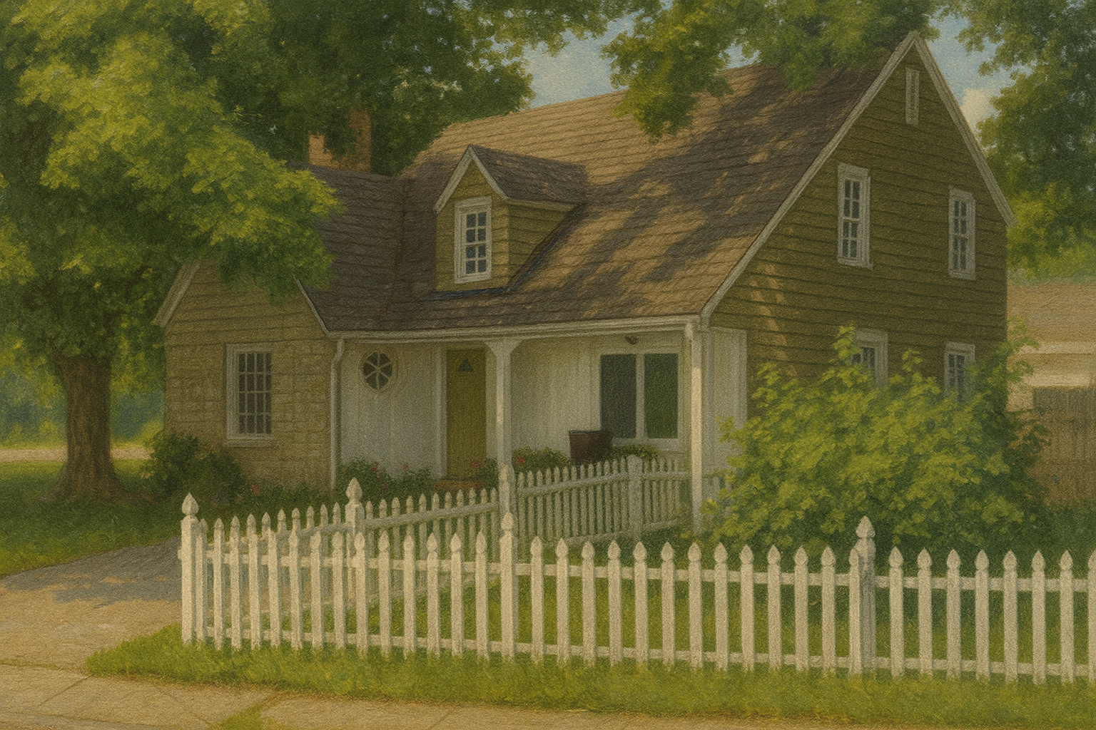 A charming, light-yellow house with a white picket fence, surrounded by greenery and trees.