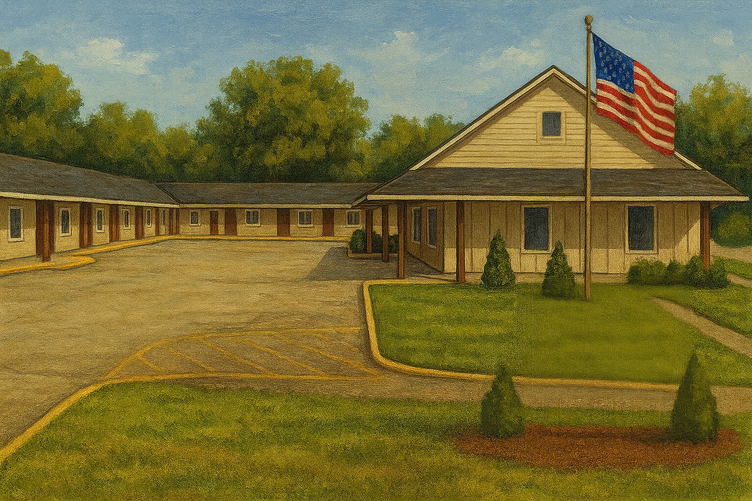 Motel with American flag waving, trees in the background.