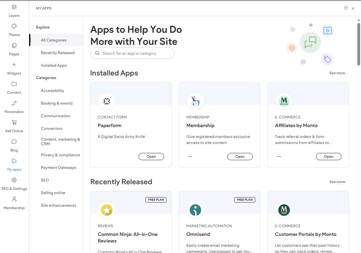 A screenshot of a website showing apps to help you do more with your site.