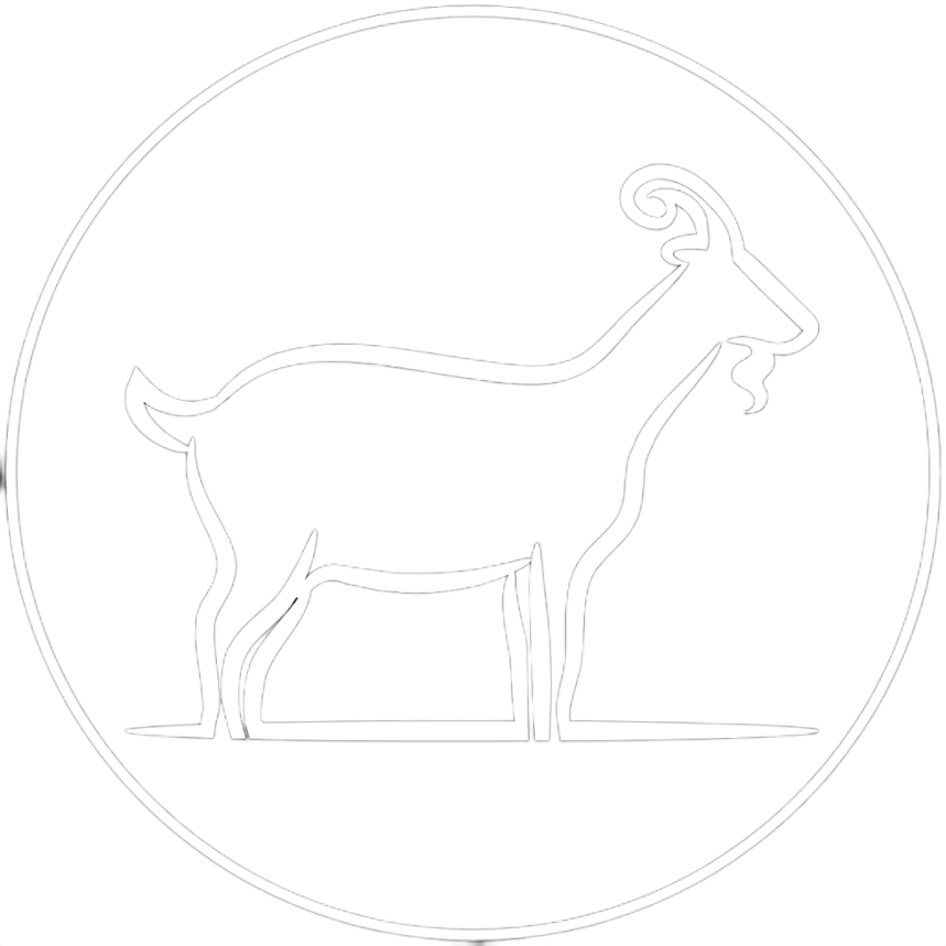 A black and white drawing of a goat in a circle.