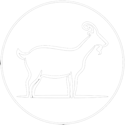 A black and white drawing of a goat in a circle.