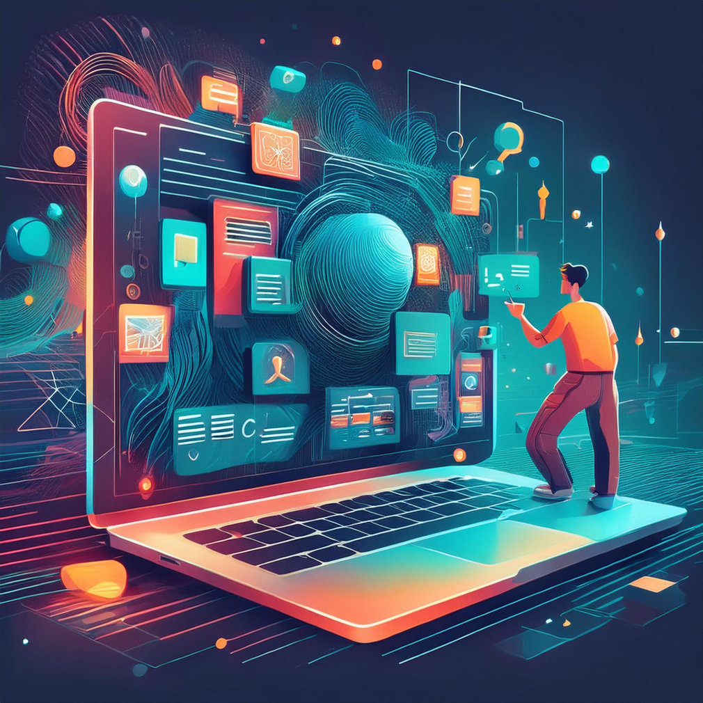 An illustration of a man standing on top of a laptop computer.