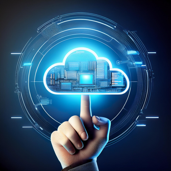 A hand is pressing a cloud icon on a futuristic screen.