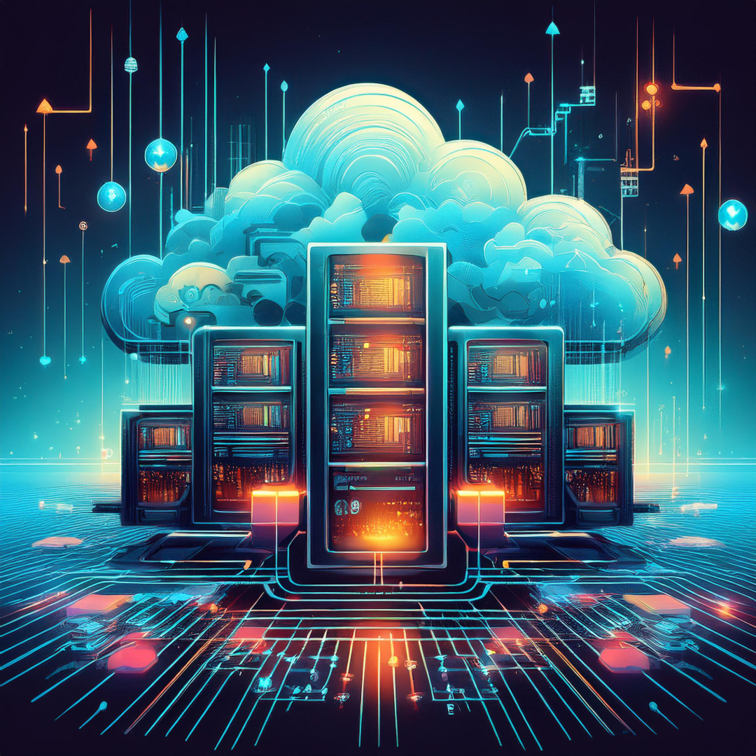 A group of servers sitting next to each other with a cloud in the background.