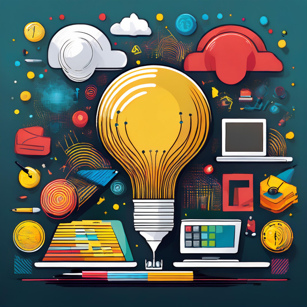 An illustration of a light bulb surrounded by various icons