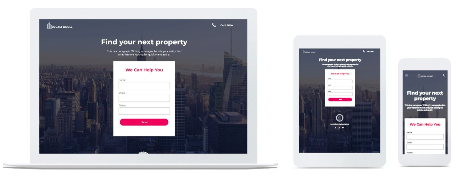 A laptop , tablet , and cell phone are displaying a website.