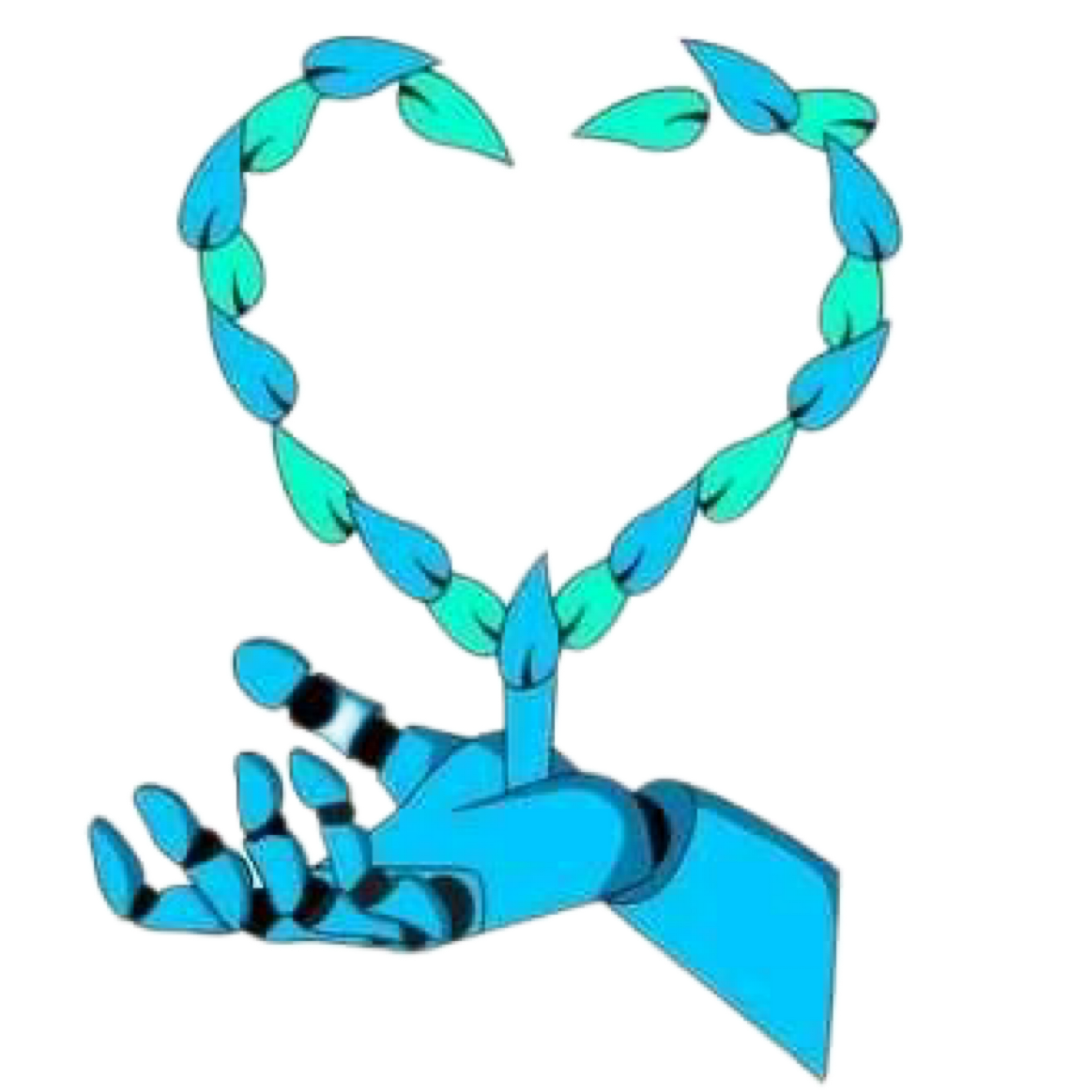 A robotic hand is holding a heart made of leaves