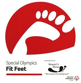 A red and white logo for special olympics fit feet