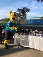 A mascot is standing next to a table with shoes on it.