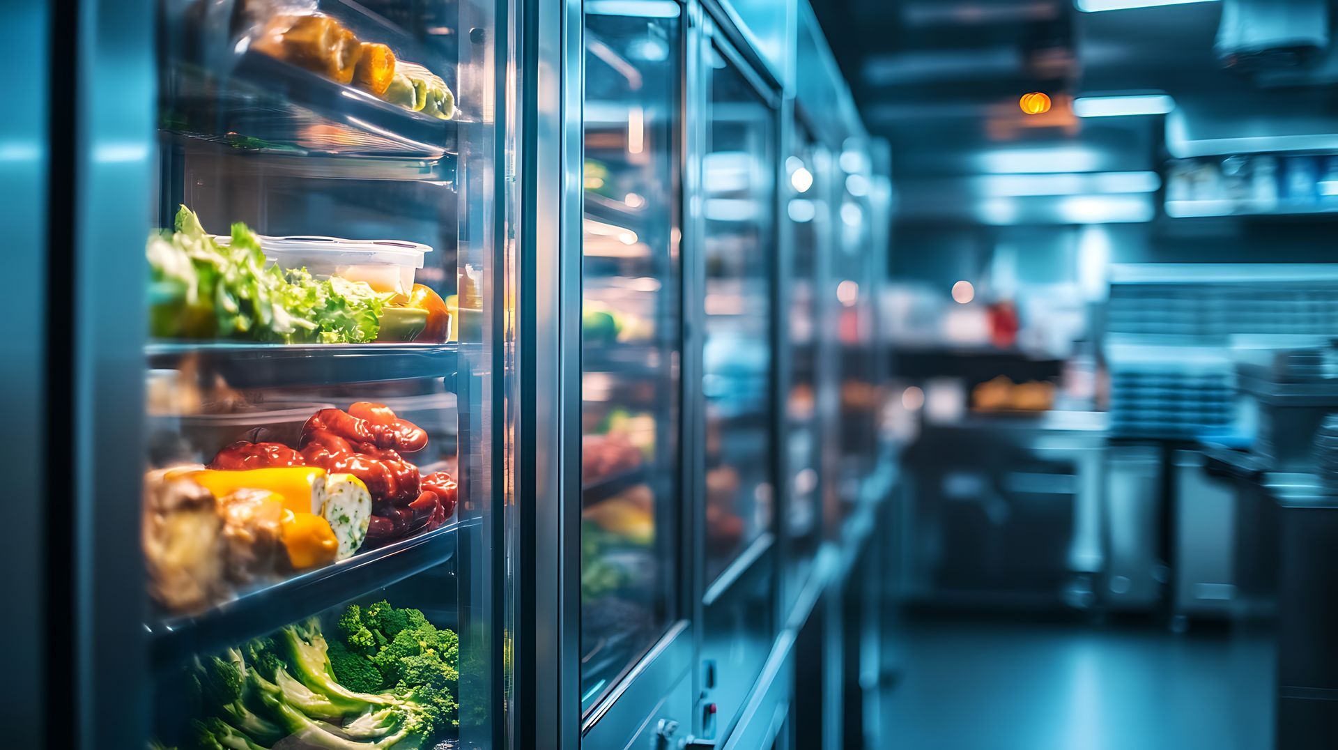 Modern glass cooler representing commercial refrigeration for fresh produce. Modern glass cooler representing commercial refrigeration for fresh produce.