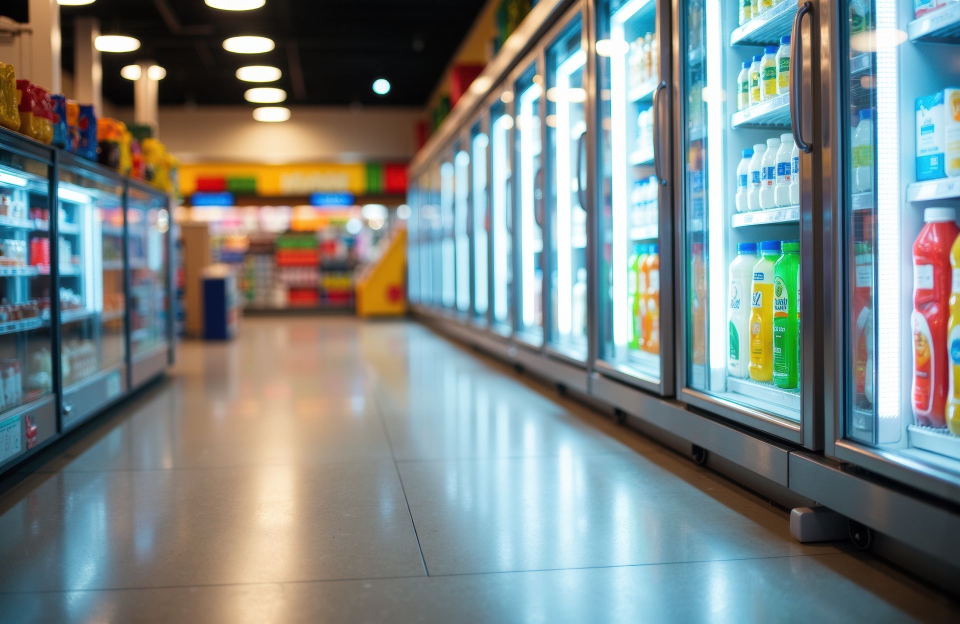 Refrigerated shelves with drinks and dairy products in a grocery store.