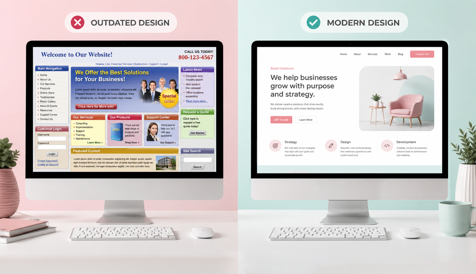 Side-by-side computer screens comparing an outdated design and a modern, clean web layout