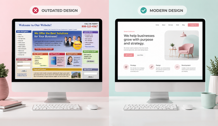 Side-by-side computer screens comparing an outdated design and a modern, clean web layout