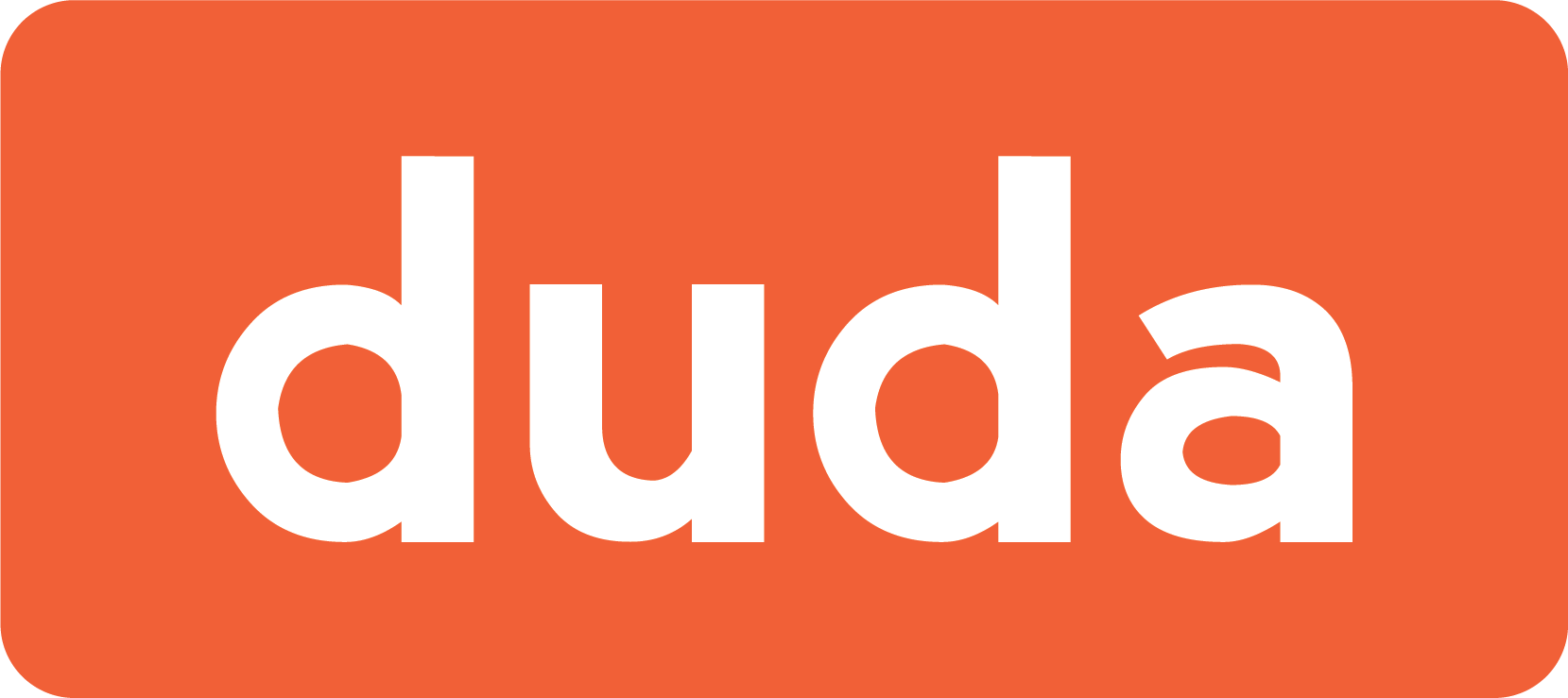 Duda logo in white lowercase text on an orange rounded rectangle background