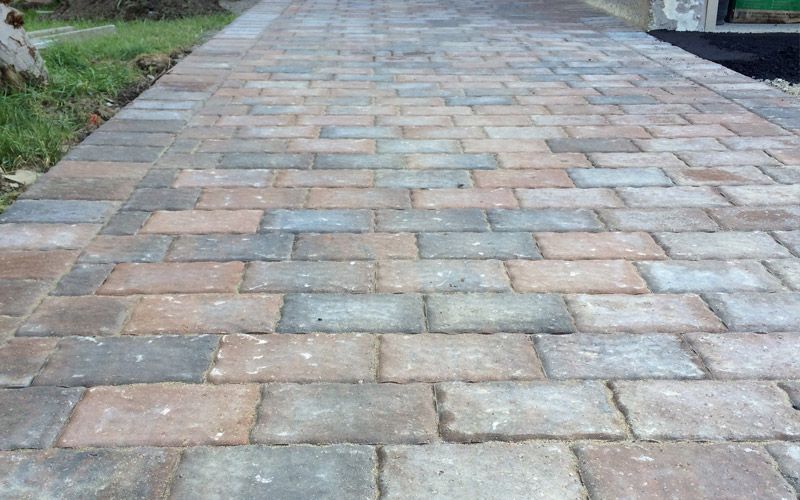 A brick walkway is being built in a yard.