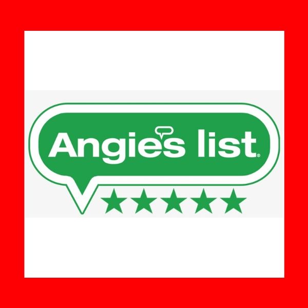 Angie's List logo in green with five green stars, set against a white background inside a thick red square border.