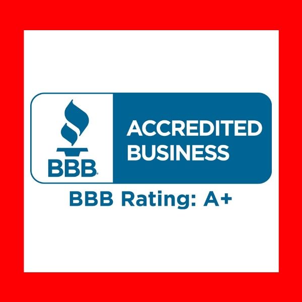 Blue BBB Accredited Business logo on a white background with a red border, stating 