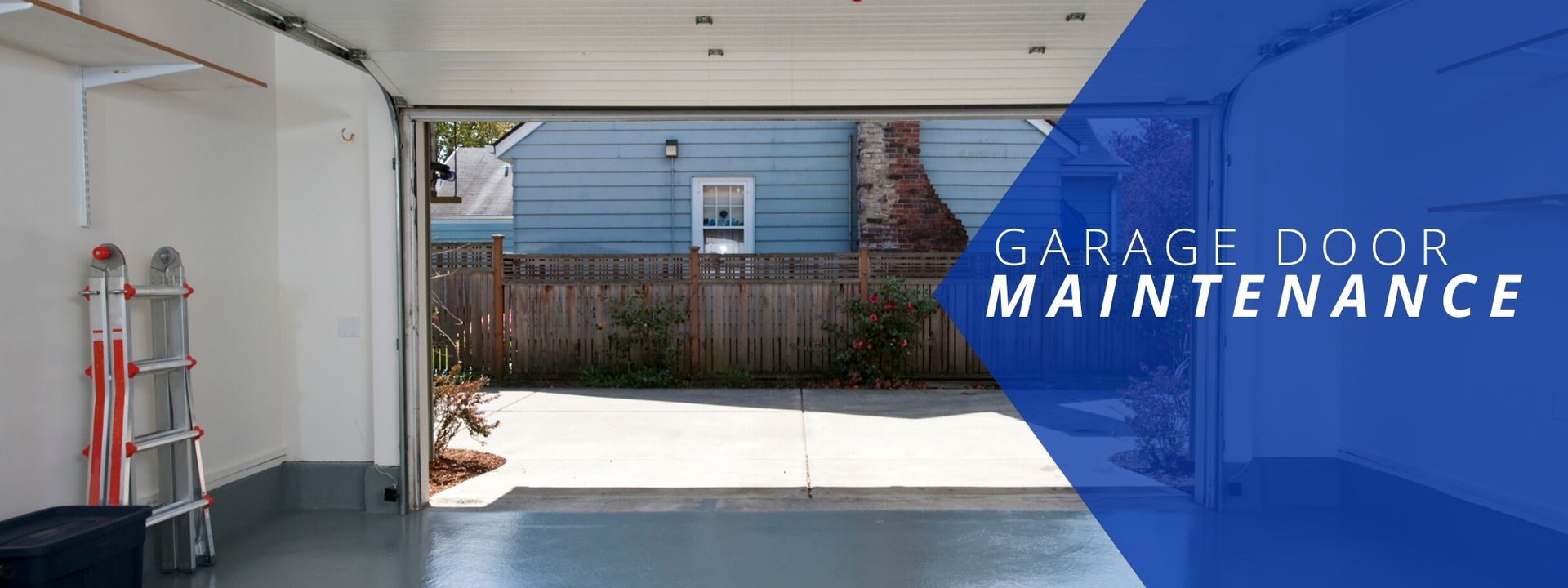 Open residential garage looking out to a backyard, with a blue graphical overlay reading 