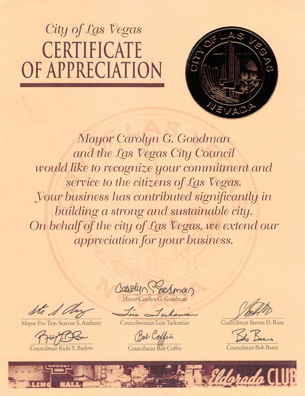 Certificate of Appreciation—Freight Services in Las Vegas, NV