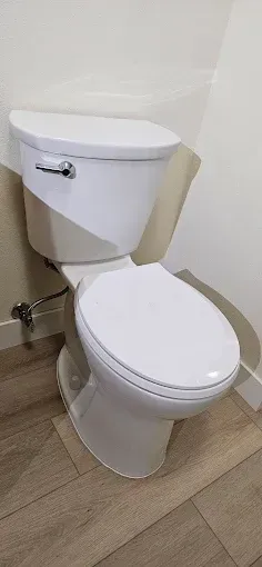 A white toilet is sitting on a wooden floor in a bathroom.