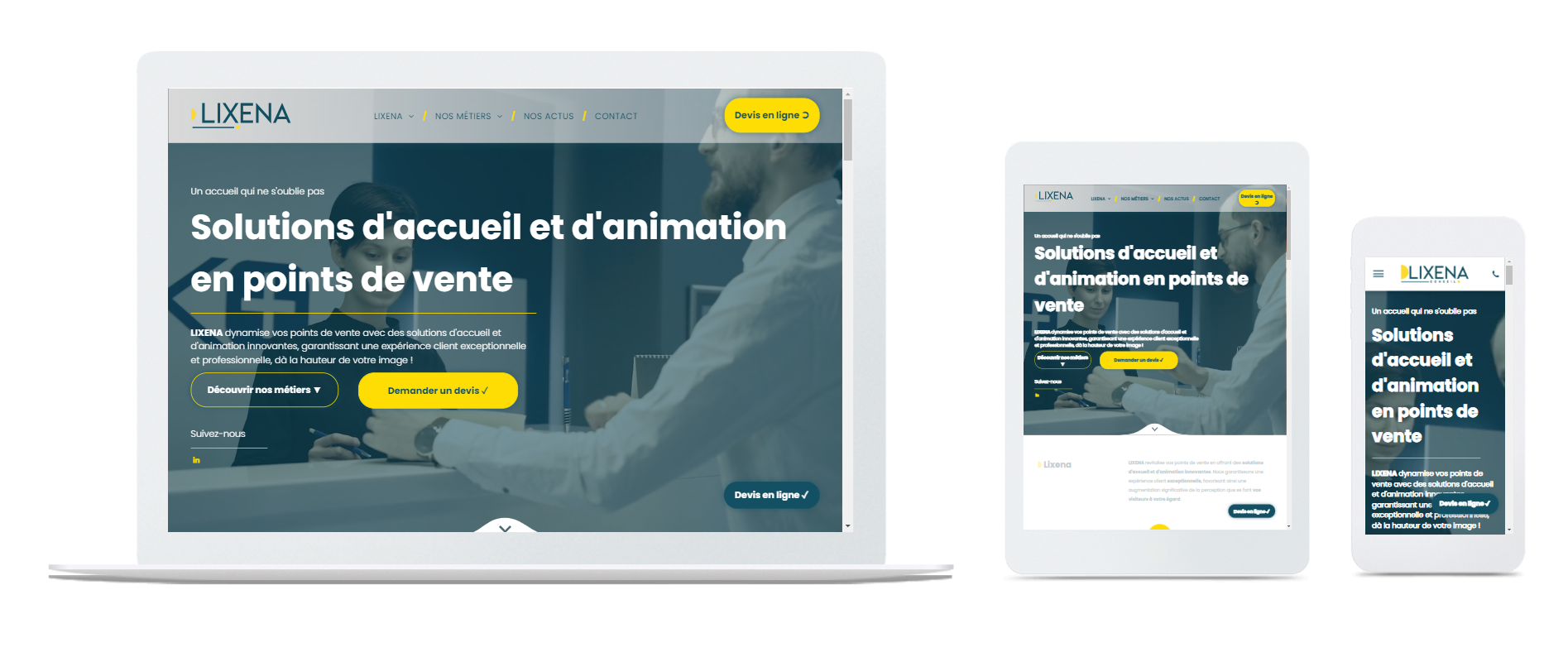 Une tablette, un téléphone et un ordinateur portable affichent un site Web.