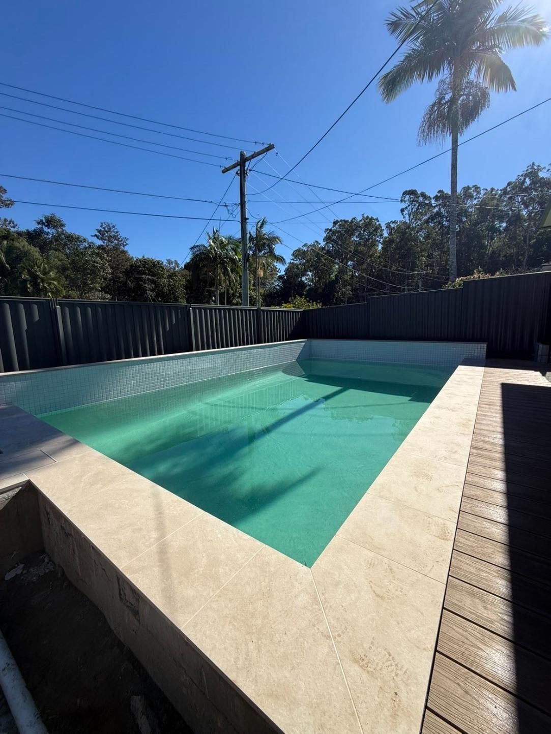 Backyard swimming pool with turquoise water, beige deck, black fence, and palm trees under a blue sky