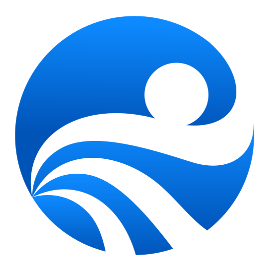Blue circle with a person-like form and waves, with a white sun-like shape in the upper right.