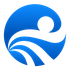 Blue circle with a person-like form and waves, with a white sun-like shape in the upper right.