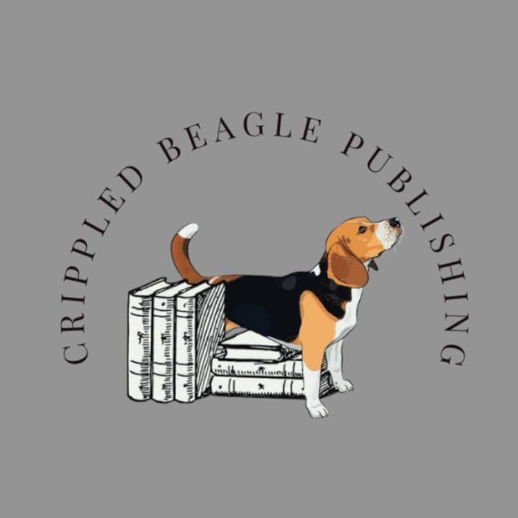 The logo for crippled beagle publishing shows a beagle sitting on a pile of books