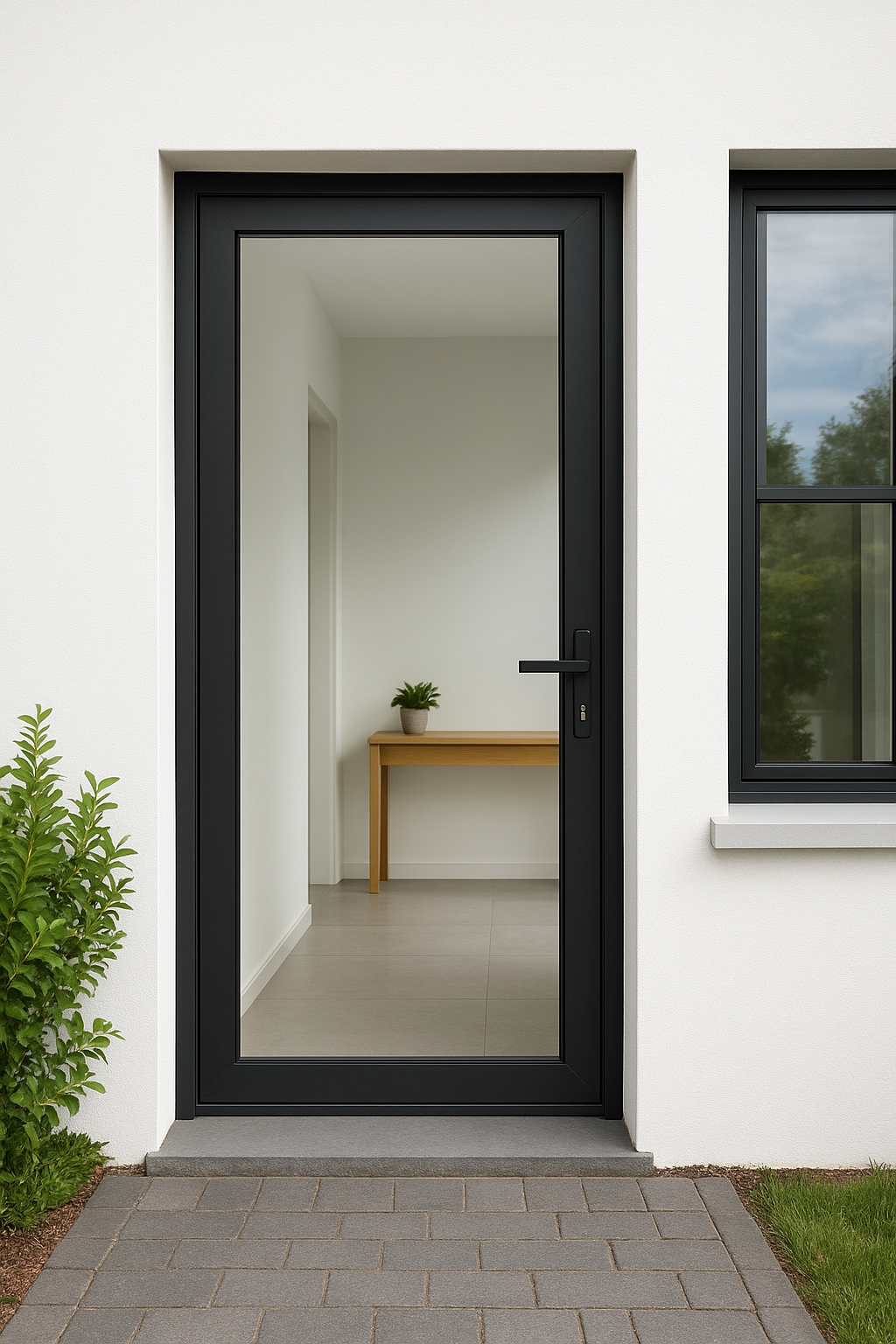 Black-framed glass door