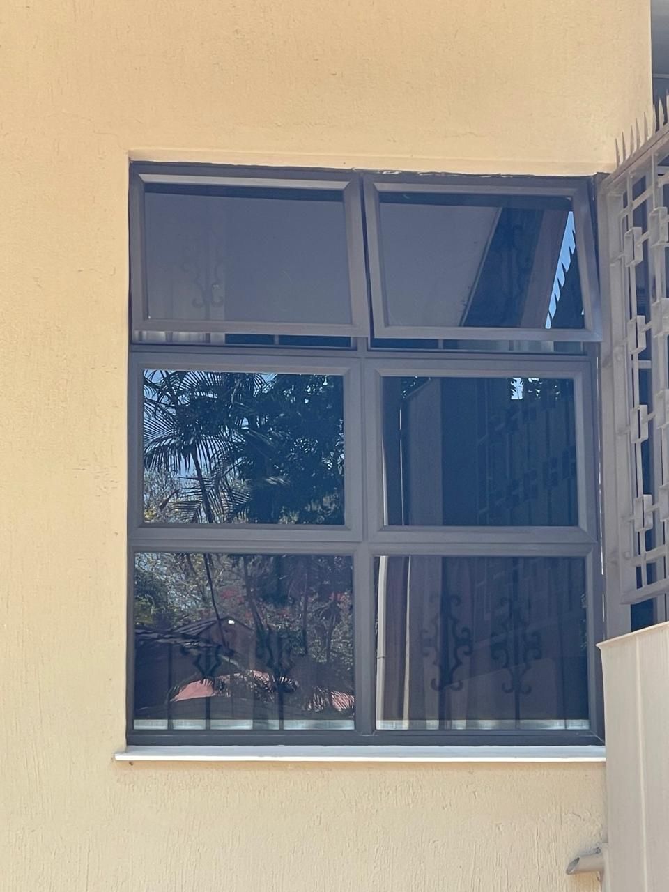 Gray-framed window with tinted panes on a light beige wall. One pane is open. Outdoors, sunny.