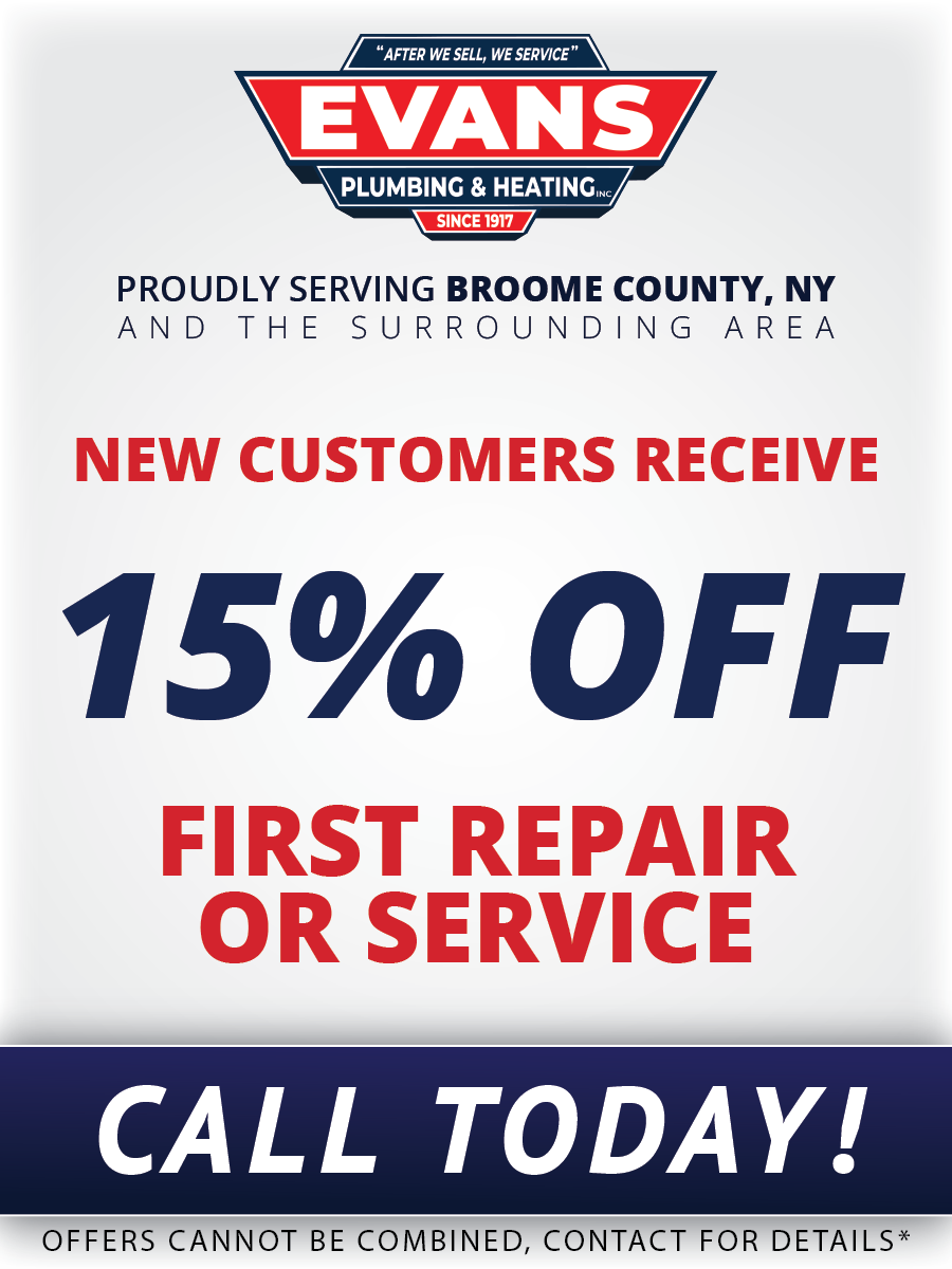 Evans plumbing and heating is offering a 15% off first repair or service