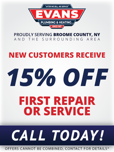 Evans plumbing and heating is offering a 15% off first repair or service