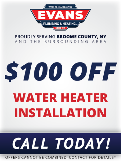 Evans plumbing and heating is offering a $100 off water heater installation.