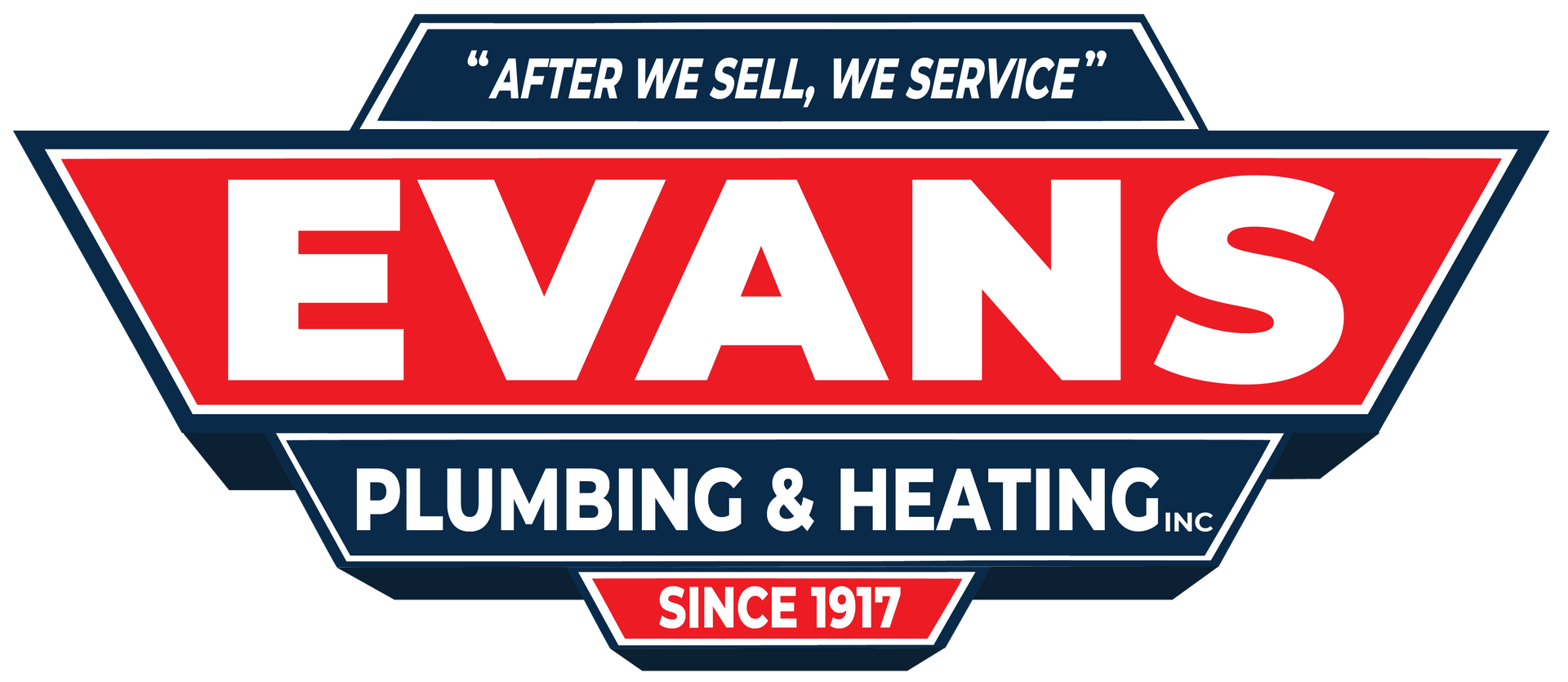 The logo for evans plumbing and heating is red and blue.