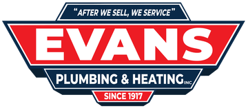 The logo for evans plumbing and heating is red and blue.