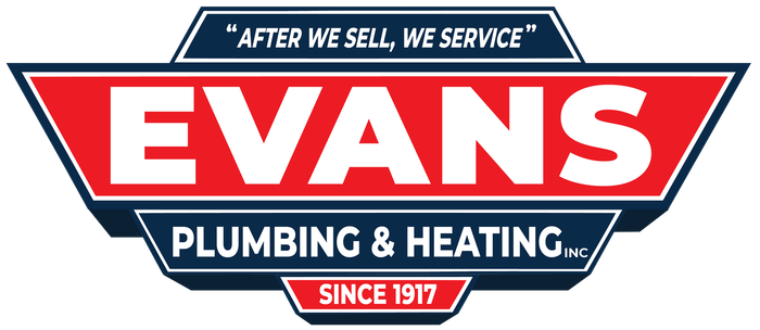 The logo for evans plumbing and heating is red and blue