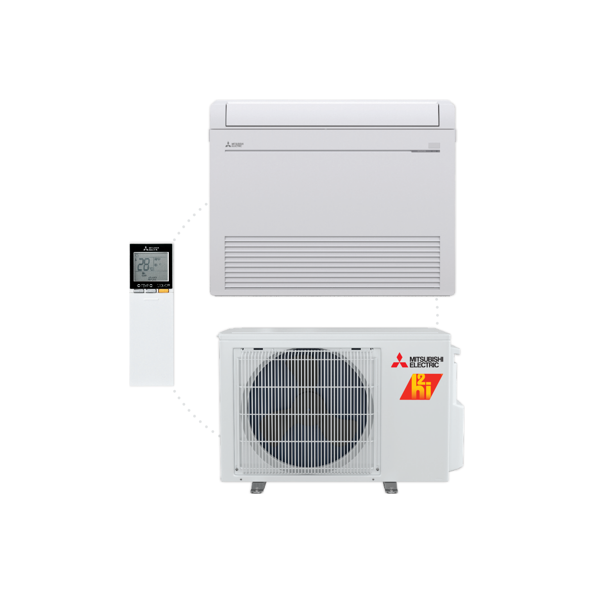 A white air conditioner is hanging on a white wall in a room.