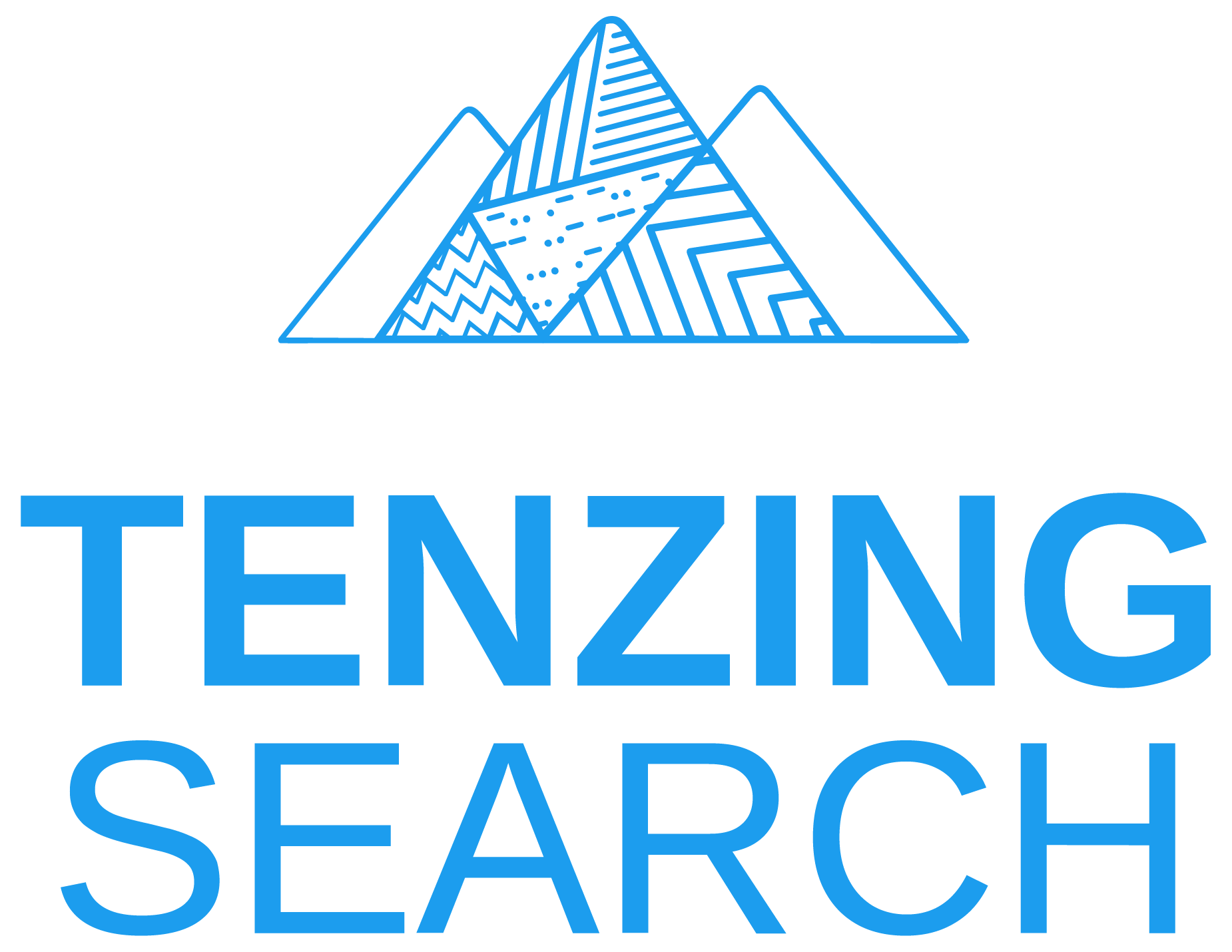 Blue logo with a geometric mountain icon above the text 
