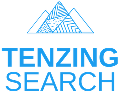Blue logo with a geometric mountain icon above the text 