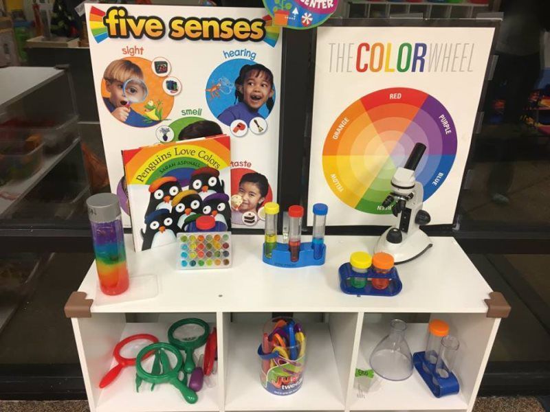 A classroom science station with charts on senses & color, science tools like a microscope, and colorful objects.