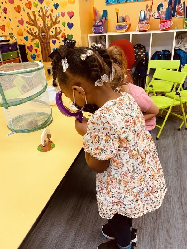 Two children examining a small creature with a magnifying glass at a yellow table in a classroom.