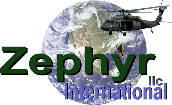 A logo for zephyr international with a helicopter flying over the earth