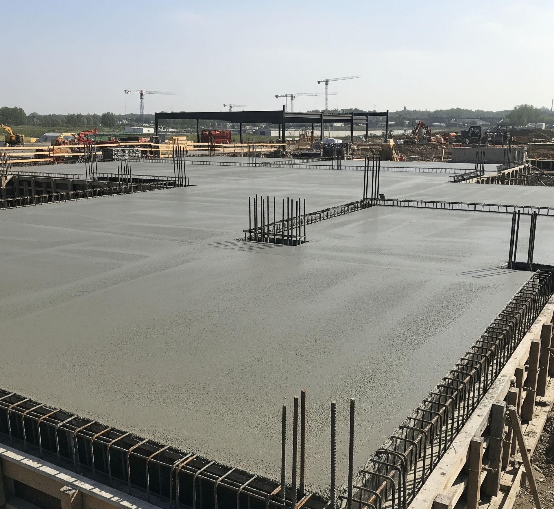Large, newly poured commercial concrete foundation slab by Pro Concrete Summerville, showcasing quality and precision for building projects.