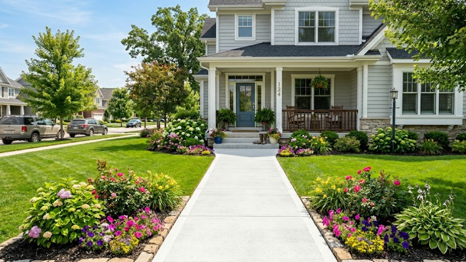 A grey two-story house with a blue front door, a front porch, and a landscaped walkway bordered by colorful flowers.