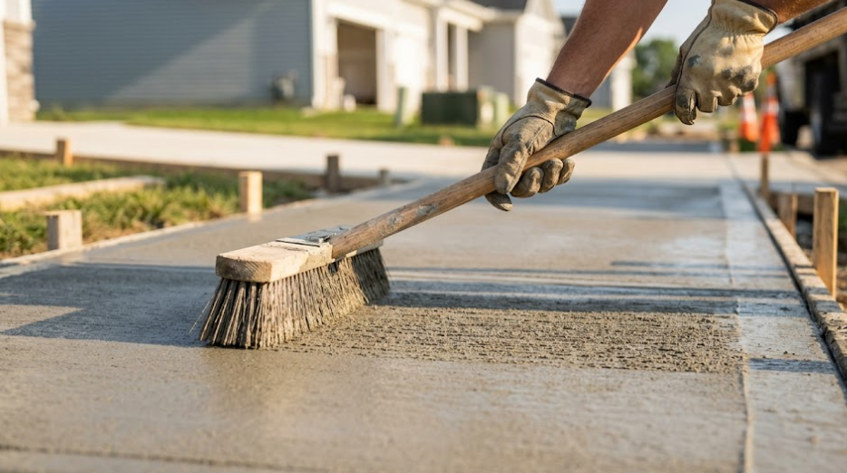 A person wearing work gloves uses a broom to create a textured, brushed finish on a newly poured concrete sidewalk.