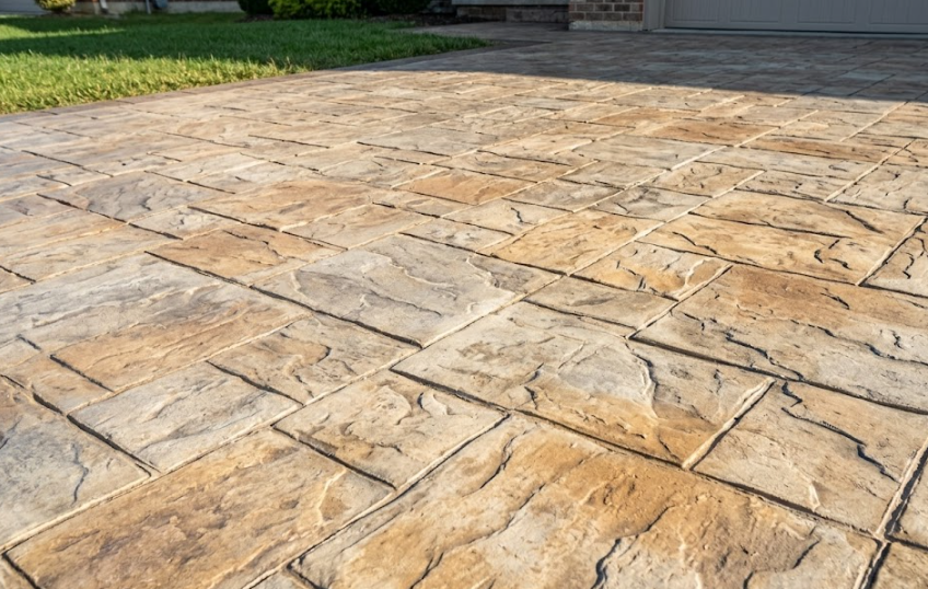 Close-up of decorative stamped concrete driveway in warm stone colors.